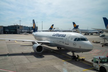 Lufthansa uçağı terminaldeki biniş alanına yanaşıyor.