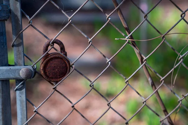 Candado oxidado colgando de la valla en el área al aire libre en la cerca de eslabones de cadena — Foto de Stock