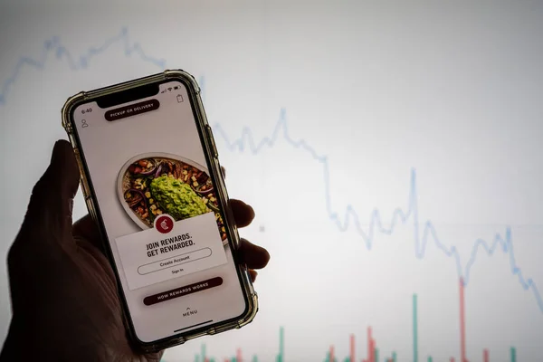 Chipotle mobile app on iPhone in front of white stock market chart with graph going down in value — Stock Photo, Image