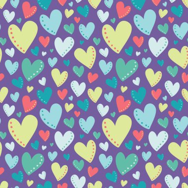 Dikişsiz desen vektör parlak renkli kalpler mor