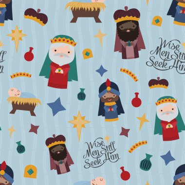 Vector Blue Nativity Three Wise Men Seamless Pattern Background clipart
