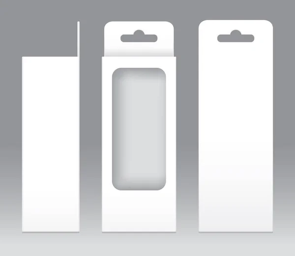 Hängender Kasten weiße Fensterform ausgeschnitten Verpackungsschablone leer. leere Schachtel weiße Vorlage für Design-Produkt-Paket Geschenk-Box, weiße Schachtel Verpackungspapier Kraft-Karton-Paket — Stockvektor