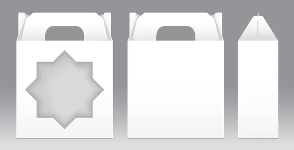ボックス ホワイト ウィンドウ スター形状が空パッケージ テンプレートをカットします。デザイン製品パッケージのギフト ボックス、ホワイト ボックス包装紙クラフト カード ボード パッケージの空の白いボックス テンプレート — ストックベクタ