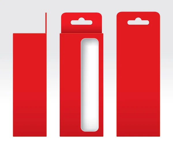 Κρέμονται κόκκινο κουτί παράθυρο κομμένες συσκευασία πρότυπο κενό, άδειο κουτί κόκκινο χαρτόνι, κουτιά δώρων κόκκινο kraft συσκευασία κουτί, Premium κόκκινο κουτί άδειο — Διανυσματικό Αρχείο