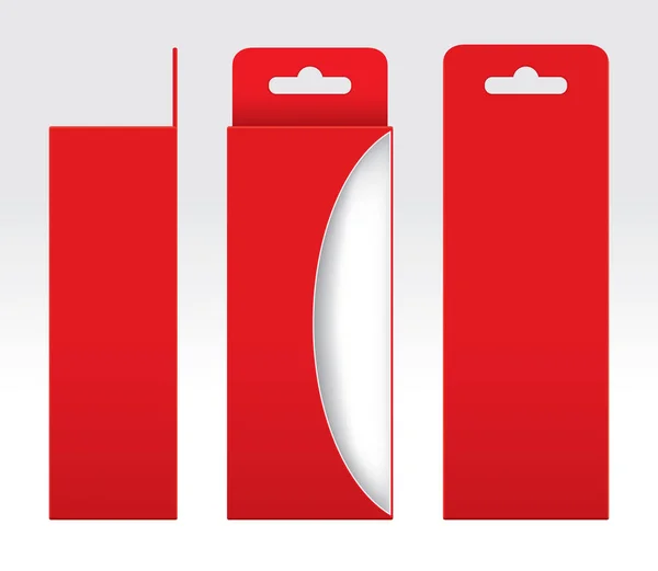 Függő piros doboz ablak kivágott csomagolás sablon üres, üres doboz piros karton, díszdobozok piros kraft csomag/karton, prémium piros négyzet üres — Stock Vector