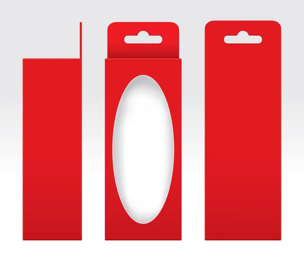 Pendurado caixa vermelha janela cortada modelo de embalagem em branco, caixa vazia cartão vermelho, caixas de presente vermelho kraft pacote caixa, caixa vermelha premium vazio — Vetor de Stock