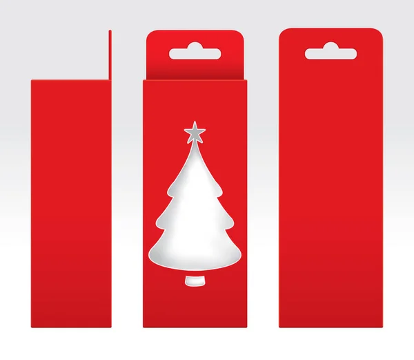 Fenêtre suspendue boîte rouge forme d'arbre de Noël découpé modèle d'emballage vide, boîte vide carton rouge, boîtes cadeaux carton kraft rouge — Image vectorielle