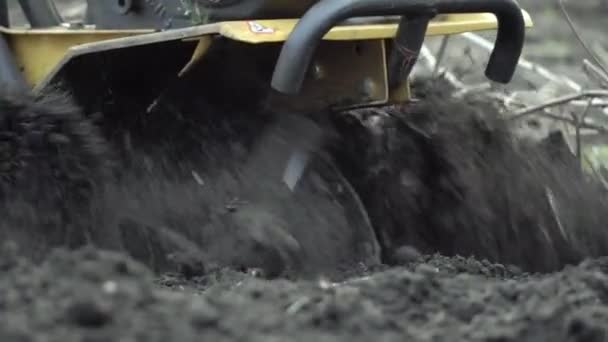 En man är en bonde i en förort plogar marken med en kultivator — Stockvideo