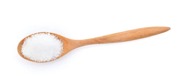 Salt in wooden spoon on white background — Stock Photo, Image