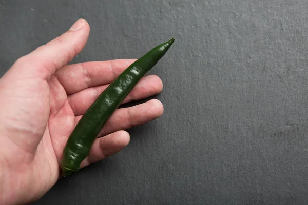 Green chili pepper in hand