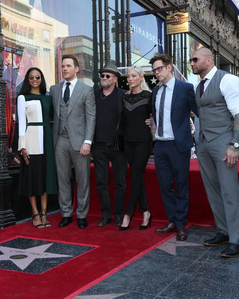 Zoe Saldana, Chris Pratt, Michael Rooker, Pom Klementieff, James Gunn, Dave Bautista — Stock Photo, Image