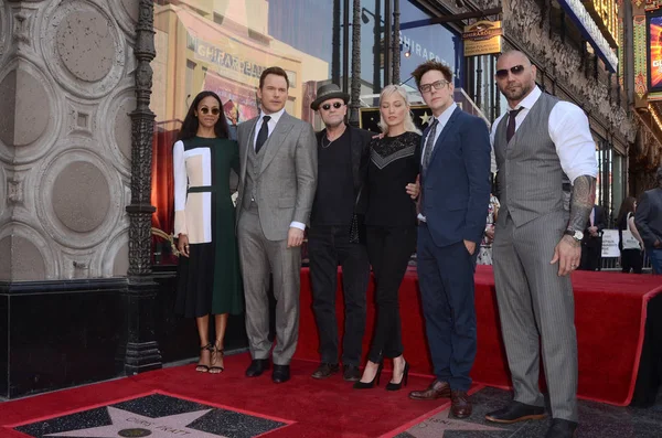 Zoe Saldana, Chris Pratt, Michael Rooker, Pom Klementieff, James Gunn, Dave Bautista — Stock fotografie