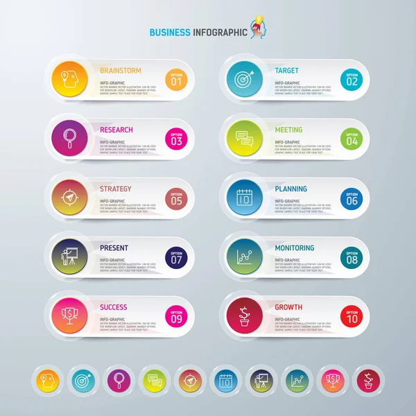 Info-graphic design template e icone di marketing, Business concept con 10 opzioni, parti, fasi o processi . — Vettoriale Stock