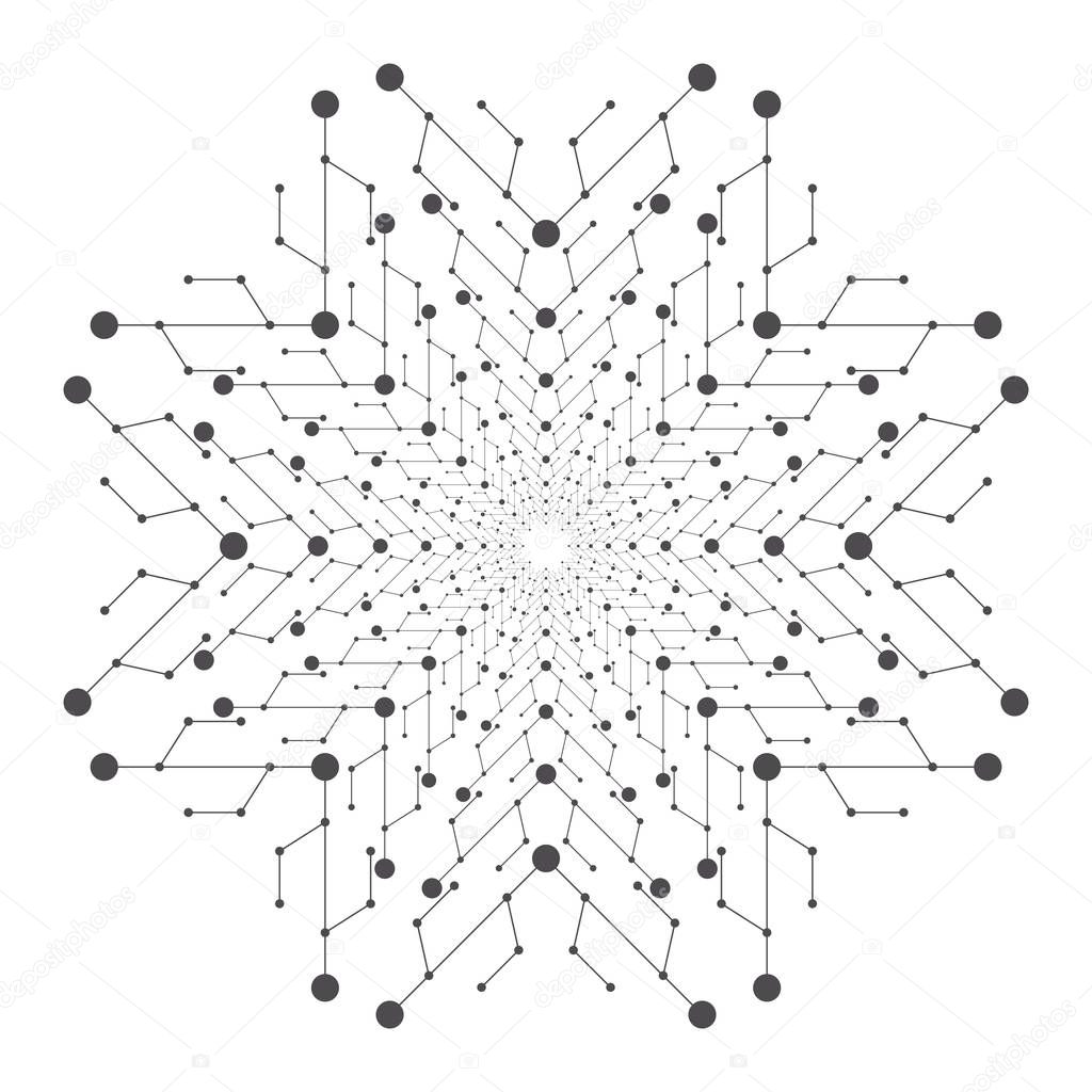 Round technology mandala template with connecting lines and dots. Connection structure, vector illustration.