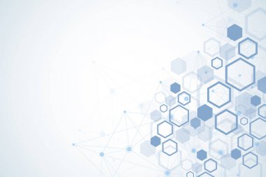 Tıbbi arka plan. DNA araştırması. Altıgen yapısı molekül ve iletişim için arka plan tıp, bilim, teknoloji. Vektör çizim.