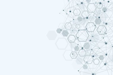Tıbbi arka plan. Bilim ve bağlantı vektör kavramı. Altıgen geometrik dizi dinamik hareket parçacıkları ile. DNA, atom, sarmal, nöronlar, sarmal.