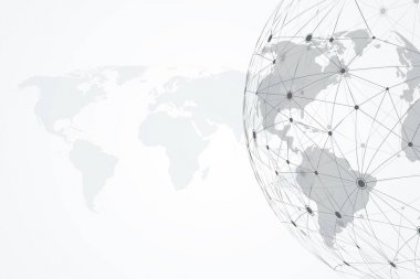 Genel ağ bağlantıları dinamik noktaları ve çizgileri ile. Internet bağlantı arka plan ile dünya haritası. Soyut bağlantı yapısı. Çokgen alanı arka plan. Vektör çizim.