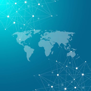 Genel ağ bağlantıları ile noktalı Dünya Haritası. Internet bağlantı arka plan. Soyut bağlantı yapısı. Çokgen alanı arka plan. Vektör çizim.