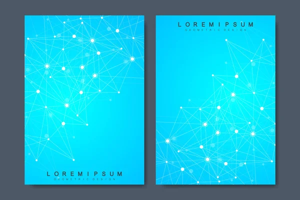 İş vektör şablonları için broşür, kapak, el ilanı, faaliyet raporu, broşür. Molekül yapısı ile en az soyut kompozisyon. Gelecekteki geometrik şablonu. Bilim, tıp, teknolojik altyapı. — Stok Vektör