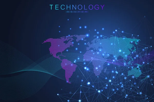 Conexiones de red globales con mapa del mundo punteado. Fondo de conexión a Internet. Estructura de conexión abstracta. Fondo espacial poligonal. Ilustración vectorial . — Archivo Imágenes Vectoriales