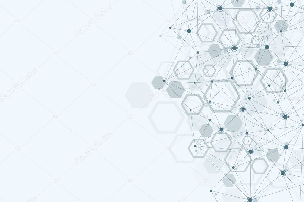 Abstract medical background. Science and connection vector concept. Hexagonal geometric array with dynamic moving particles. DNA, atom, helix, neurons, spiral.