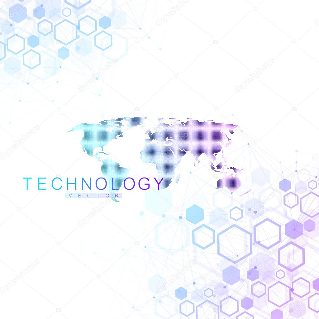 Global network connections with dotted world map. Internet connection background. Abstract connection structure. Polygonal space background. Vector illustration.