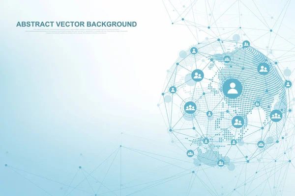 Genel yapısı ağ ve veri bağlantı kavramı. Sosyal ağ iletişimi küresel bilgisayar ağlarında. Internet teknolojisi. İş. Bilim. Vektör çizim — Stok Vektör