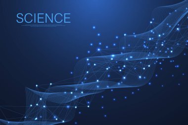 Tıp, bilim, teknoloji ve kimya için bilimsel bir arkaplan. DNA moleküllü duvar kağıdı ya da afiş bilim şablonu. Dinamik dalga akışı DNA 'sı. Moleküler vektör çizimi.