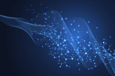 Tıp, bilim, teknoloji ve kimya için bilimsel bir arkaplan. DNA moleküllü duvar kağıdı ya da afiş bilim şablonu. Dinamik dalga akışı DNA 'sı. Moleküler vektör çizimi.