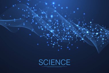 Tıp, bilim, teknoloji ve kimya için bilimsel bir arkaplan. DNA moleküllü duvar kağıdı ya da afiş bilim şablonu. Dinamik dalga akışı. Moleküler vektör çizimi.