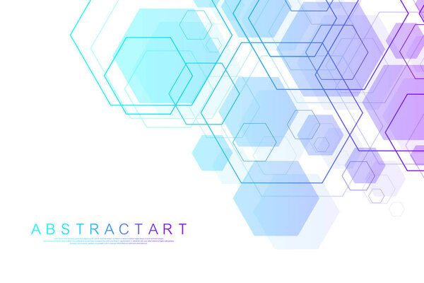 Красочные абстрактные исследования ДНК, молекулы, генетики, генома, цепочки ДНК. Здравоохранение и научные инновации. Концепция искусства генетического анализа с шестиугольниками. Вектор биотехнологии
