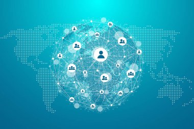 Küresel ağ bağlantısı kavramı. Büyük veri görselleştirmesi. Küresel bilgisayar ağlarındaki sosyal ağ iletişimi. İnternet teknolojisi. İş için. - Bilim. Vektör illüstrasyonu