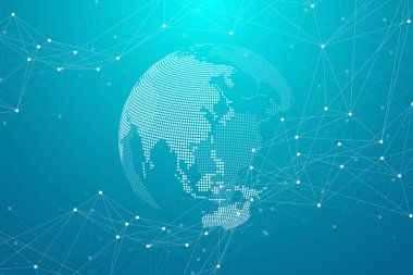 Noktaları ve çizgileri birleştiren çokgen bilim geçmişi. Soyut pleksus geometrik etki. Dijital veri görselleştirme arka planı. Vektör illüstrasyonu