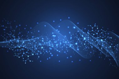 Tıp, bilim, teknoloji ve kimya için bilimsel bir arkaplan. DNA moleküllü duvar kağıdı ya da afiş bilim şablonu. Dinamik dalga akışı. Moleküler vektör çizimi.