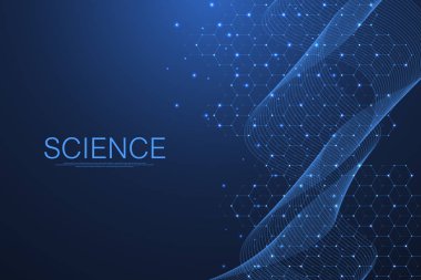 Soyut tıbbi geçmiş DNA araştırması, molekül, genetik, genom, DNA zinciri. Altılı, dalgalı, çizgili, noktalı genetik analiz sanat konsepti. Biyoteknoloji ağ konsepti molekülü, vektör