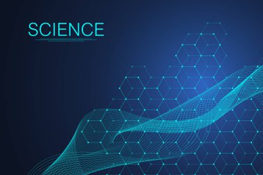 Tıp, bilim, teknoloji ve kimya için bilimsel bir arkaplan. DNA moleküllü duvar kağıdı ya da afiş bilim şablonu. Dinamik dalga akışı DNA 'sı. Moleküler vektör çizimi.
