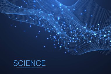 Tıp, bilim, teknoloji ve kimya için bilimsel bir arkaplan. DNA moleküllü duvar kağıdı ya da afiş bilim şablonu. Dinamik dalga akışı. Moleküler vektör çizimi.