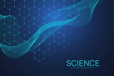 Tıp, bilim, teknoloji ve kimya için bilimsel bir arkaplan. DNA moleküllü duvar kağıdı ya da afiş bilim şablonu. Dinamik dalga akışı DNA 'sı. Moleküler vektör çizimi.