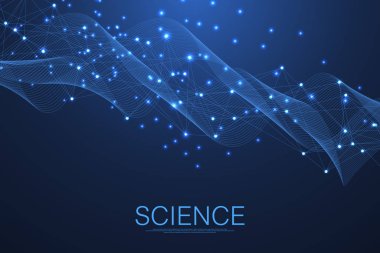 Tıp, bilim, teknoloji ve kimya için bilimsel bir arkaplan. DNA moleküllü duvar kağıdı ya da afiş bilim şablonu. Dinamik dalga akışı DNA 'sı. Moleküler vektör çizimi.