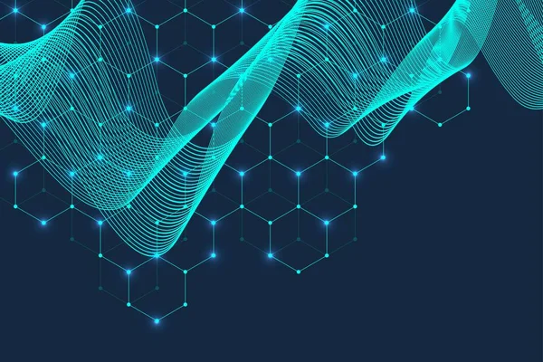 Teknik abstrakta linjer och prickar ansluta bakgrund med hexagoner. Hexagons ansluter digitala data och big data koncept. Hex digital datavisualisering. Vektorillustration. — Stock vektor