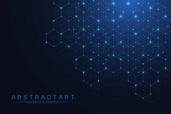 Des lignes et des points abstraits technologiques relient l'arrière-plan aux hexagones. Hexagons connecte les données numériques et le concept de Big Data. Visualisation de données numériques hexagonales. Illustration vectorielle. — Image vectorielle