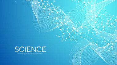 Tıp, bilim, teknoloji ve kimya için bilimsel bir arkaplan. DNA moleküllü duvar kağıdı ya da afiş bilim şablonu. Dinamik dalga akışı DNA 'sı. Moleküler vektör çizimi.