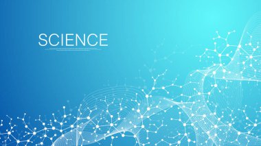 Soyut tıbbi geçmiş DNA araştırması, molekül, genetik, genom, DNA zinciri. Altılı, dalgalı, çizgili, noktalı genetik analiz sanat konsepti. Biyoteknoloji ağ konsepti molekülü, vektör