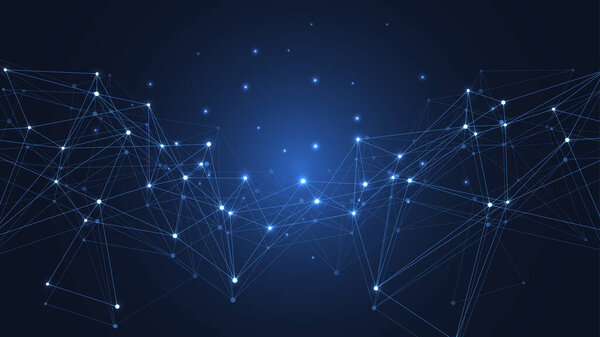 Глобальная концепция сетевого соединения. Большая визуализация данных. Социальные сети связи в глобальных компьютерных сетях. Интернет-технологии. По делам. Наука. Векторная иллюстрация