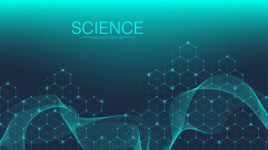 Tıp, bilim, teknoloji ve kimya için bilimsel bir arkaplan. DNA moleküllü duvar kağıdı ya da afiş bilim şablonu. Dinamik dalga akışı DNA 'sı. Moleküler vektör çizimi.