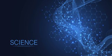 Soyut tıbbi geçmiş DNA araştırması, molekül, genetik, genom, DNA zinciri. Altılı, dalgalı, çizgili, noktalı genetik analiz sanat konsepti. Biyoteknoloji ağ konsepti molekülü, vektör