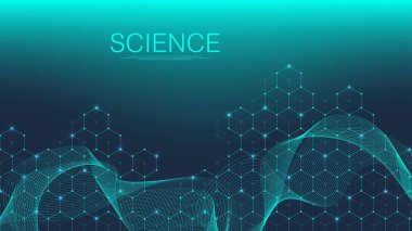 Tıp, bilim, teknoloji ve kimya için bilimsel bir arkaplan. DNA moleküllü duvar kağıdı ya da afiş bilim şablonu. Dinamik dalga akışı DNA 'sı. Moleküler vektör çizimi.