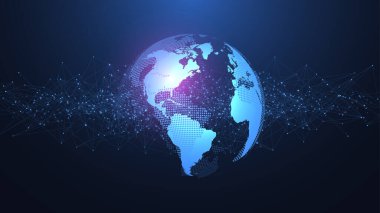 Küresel ağ bağlantısı kavramı. Büyük veri görselleştirmesi. Küresel bilgisayar ağlarındaki sosyal ağ iletişimi. İnternet teknolojisi. İş için. - Bilim. Vektör illüstrasyonu