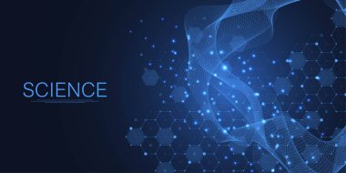 Moleküler yapı arka planı. DNA moleküllü bir duvar kağıdı ya da afiş bilim şablonu. Altıgenli molekül arka planı, dalga akışı. Vektör illüstrasyonu.