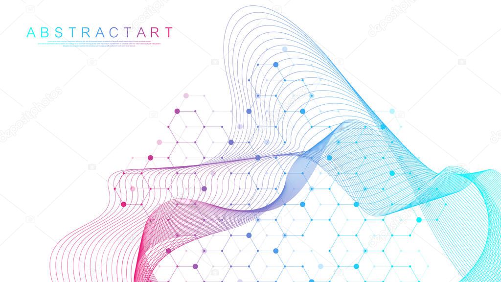 Abstract medical background DNA research, molecule, genetics, genome, DNA chain. Genetic analysis art concept with hexagons, waves, lines, dots. Biotechnology network concept molecule, vector